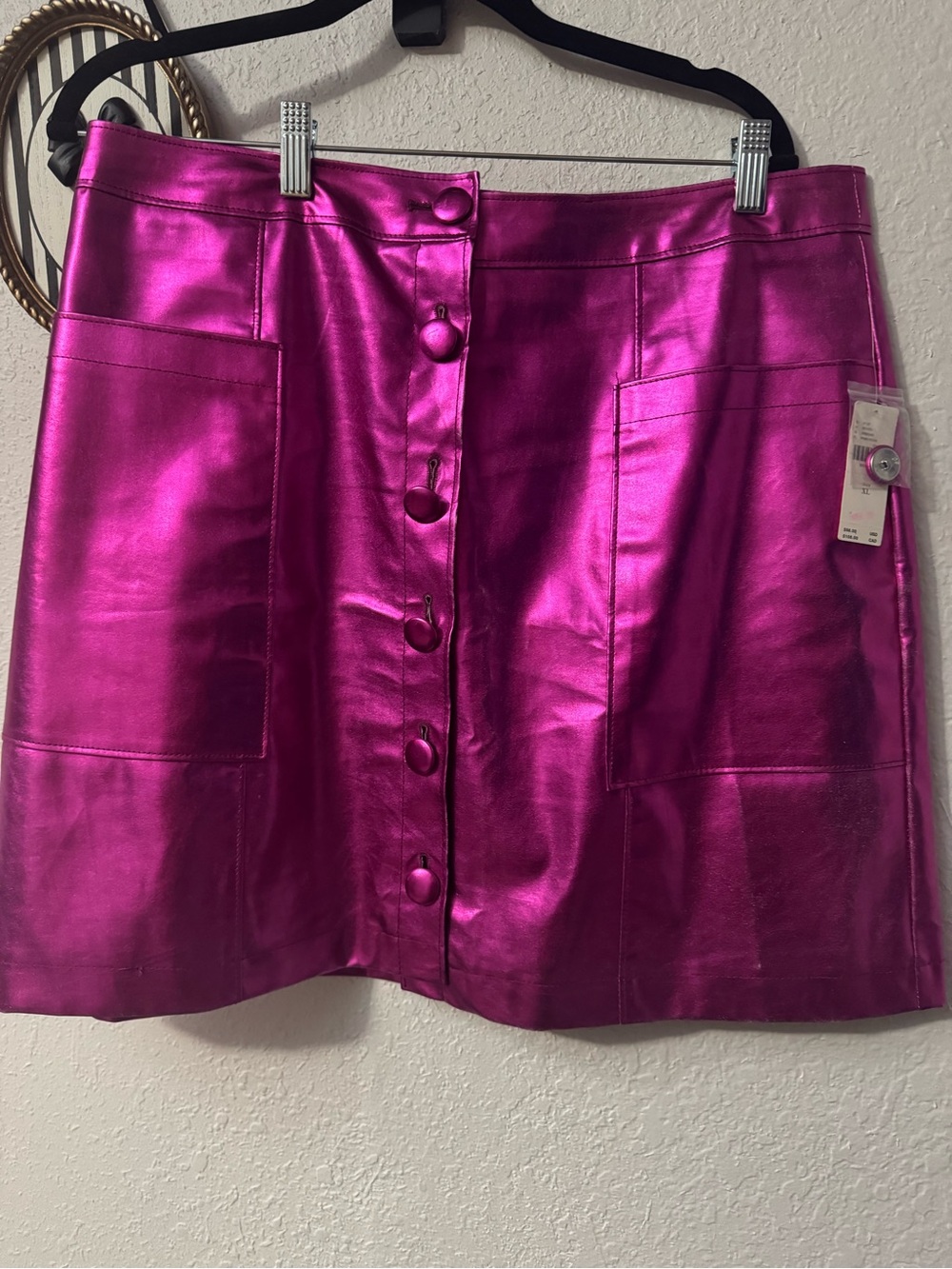 NWT Anthropologie Maeve Metallic Hot Pink Button-Front Mini Skirt